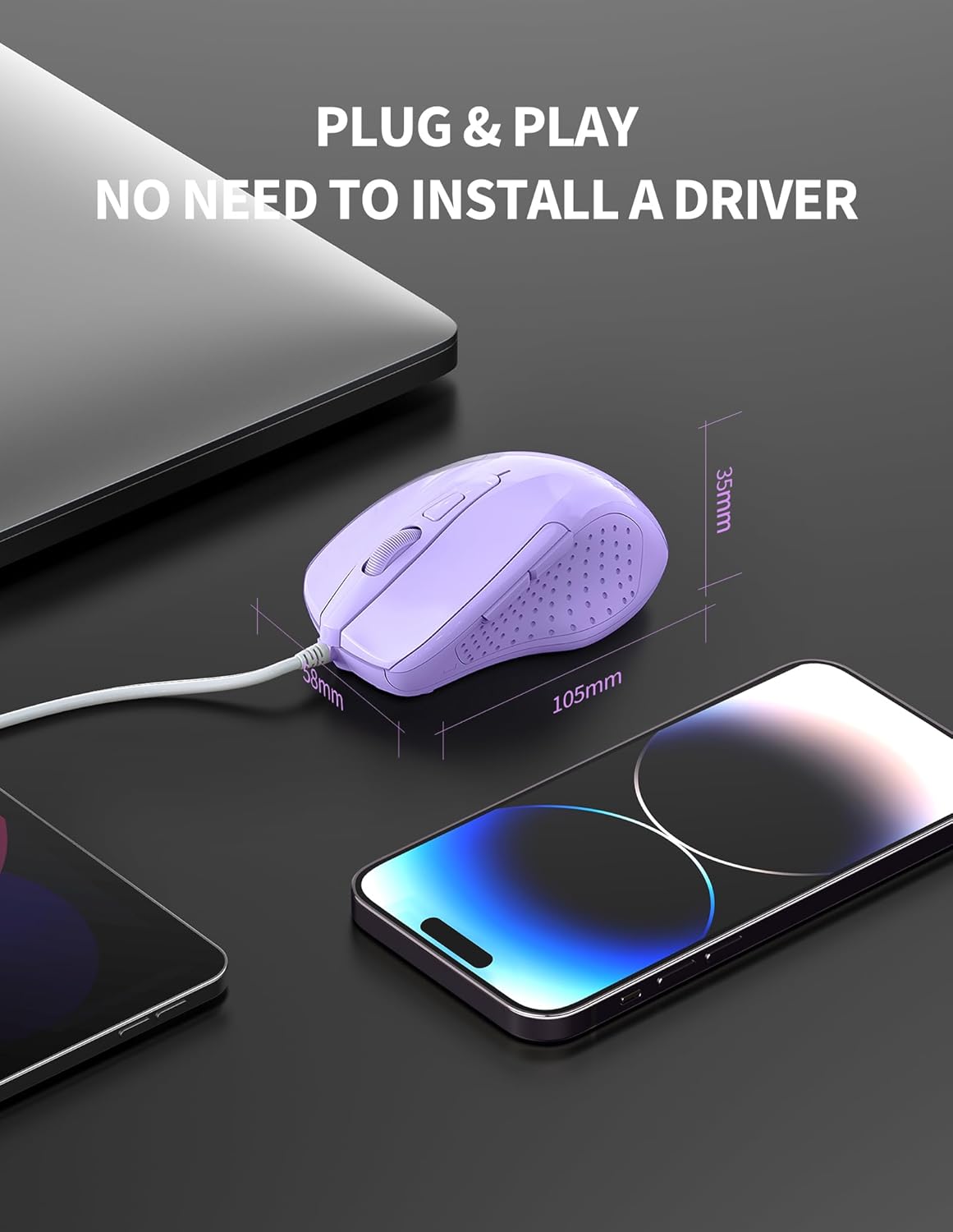 TECKNET Wired Mouse, 6-Button Corded with 4 Adjustable DPI, Optical Ergonomic Design, 5FT Cord for Laptop, Chromebook, PC, Desktop, Mac, Notebook - LT.Purple