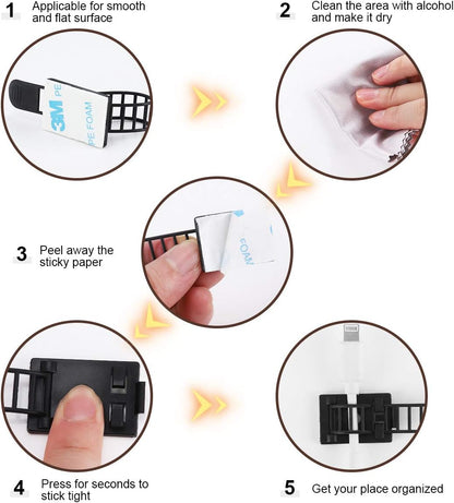 Adhesive Cable Management Clips, 50Pcs Adjustable Nylon Cable Strap Ties Wire Clips Clamps Organizer with Strong Adhesive Tape, Extra Screw & Hole for Strong Fixation Home Office - 3.55 Inch Black