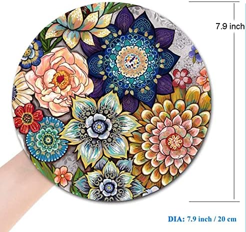 Round Mouse Pad, Boho Floral Mouse Pad, Washable Round Mousepad with Lycra Cloth, Non-Slip Rubber Base Computer Mouse Pads for Wireless Mouse
