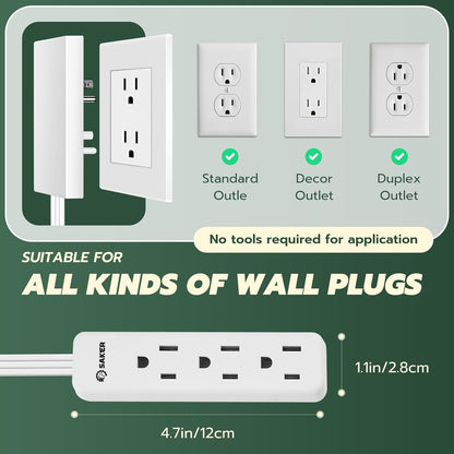 Saker Outlet Concealer Power Strip | 5ft Flat Plug Extension Cord with 3 Outlets,1625W | Universal Size Baby Proof Outlet Cover Extension Cord for Kitchen, Home and Office