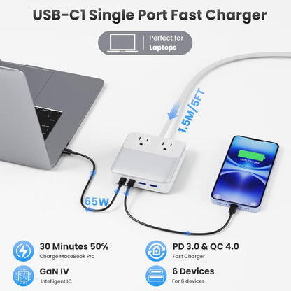 USB C Charger Block,135W GaN IV Fast Charging Station Hub,6-in-1 USB C Power Strip with Flat Plug and 5ft Cord,2 AC,2 USB A,2 USB C,PD 65W Laptop Charger for MacBook Air/Pro,iPhone16/15,Samsung-White