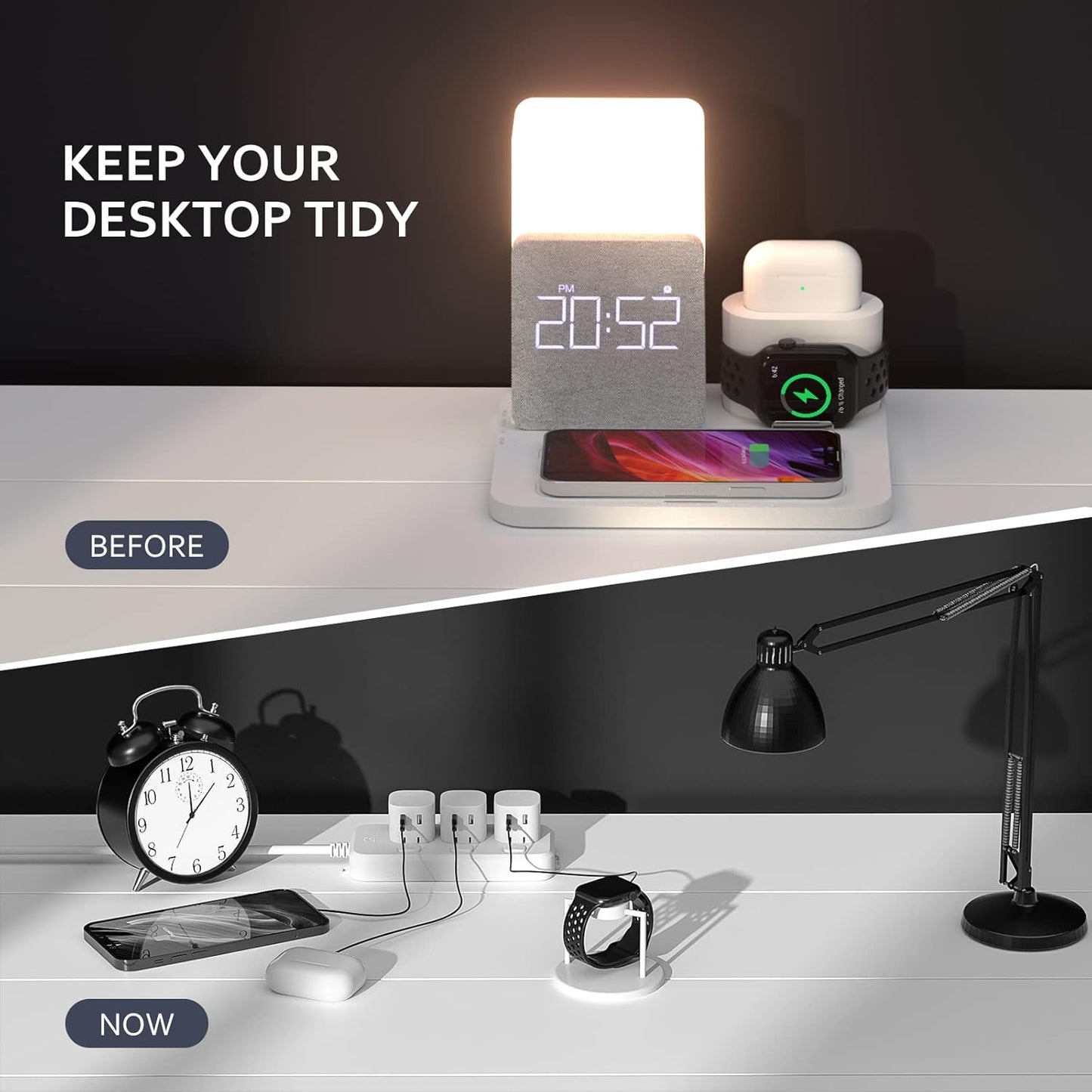 [2025 UV-Coating] COLSUR Wireless Charging Station, 3 in 1 Charging Station, Alarm Clock with Wireless Charger, iPhone 12/13/14/15/16 Pro/13 Mini/13 Pro Max/12 pro, AirPods