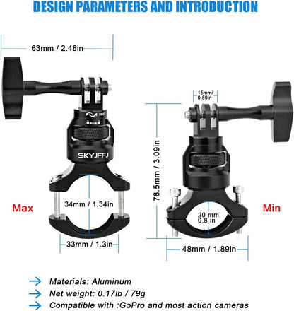 Bike Handlebar Mount for GoPro, 360 Degree Aluminium Alloy Motorbikes Round Tube Mount for Hero 13/12/11/10/9/8 and Other Action Cameras
