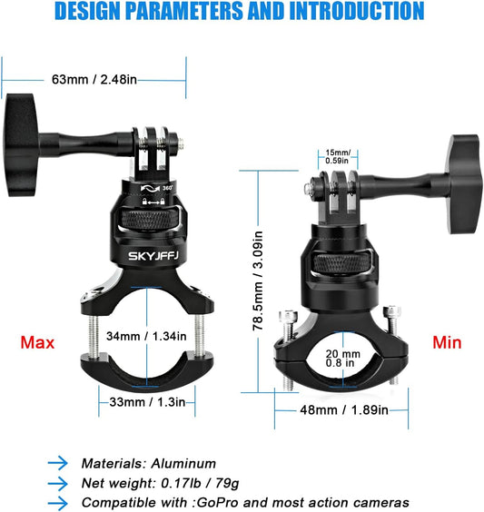 Bike Handlebar Mount for GoPro, 360 Degree Aluminium Alloy Motorbikes Round Tube Mount for Hero 13/12/11/10/9/8 and Other Action Cameras