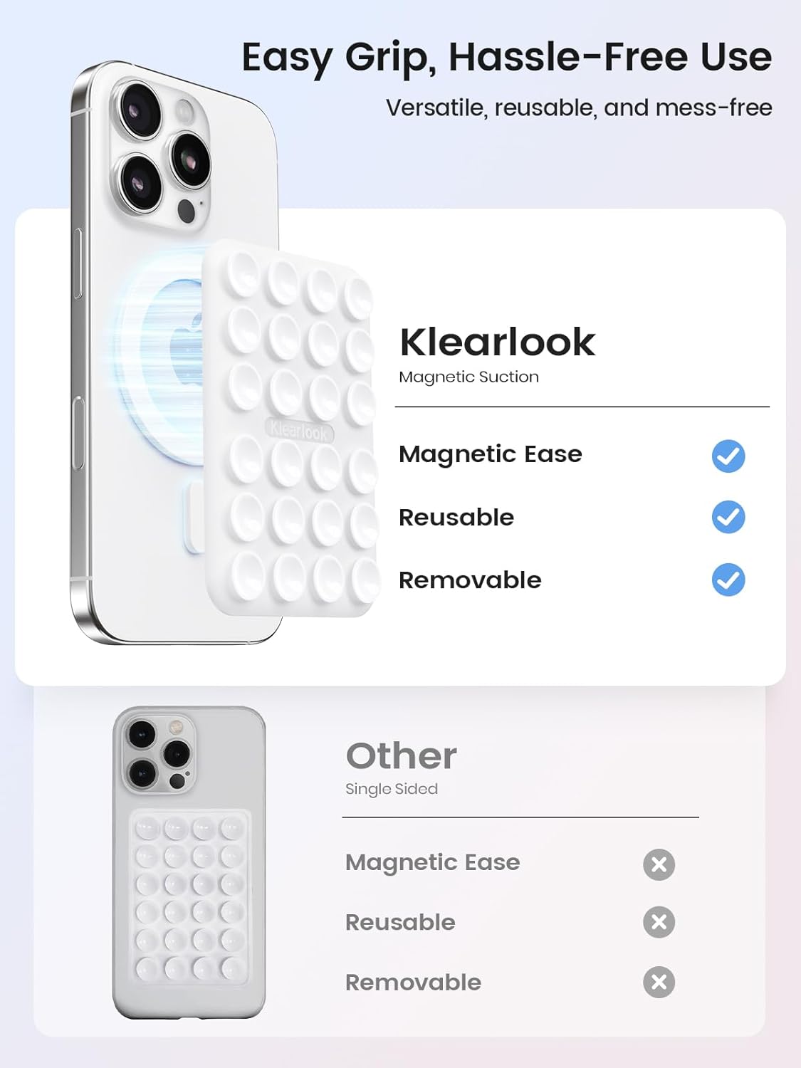 Klearlook Magnetic Suction Phone Mount for MagSafe Case, Removable Sticky Phone Grip Holder for Hands-Free Makeup/Selfie/Live Streaming/Vlog for TikTok & Instagram Influencer/Creator, Classic White