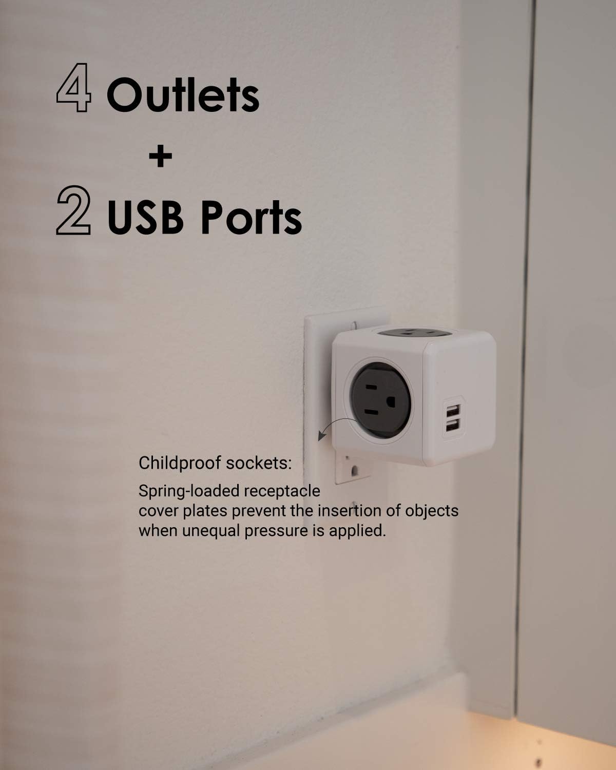 Allocacoc PowerCube Original USB; 4 Outlets Surge Protector 2 USBs Cubic Multi Socket Extender Power Tab Space Saving Compact No Blockage Dorm Home Office125V 15A 1875W Max Grey