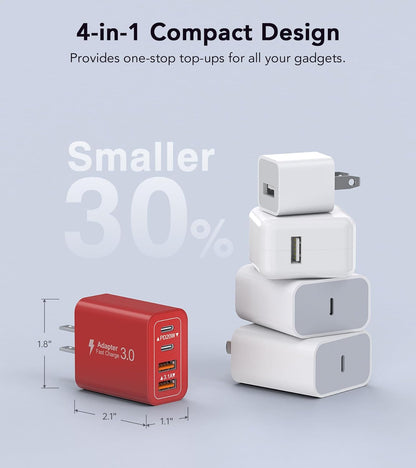 40W USB C Wall Charger, 2-Pack Super Fast Charging Block PD+QC 4 Port Charger Cube for iPhone 16,iPad Pro/Mini/Air, iPod Nano, iPod Touch, Switch, Smart Phone, Smartwatches and Tablet(Red)