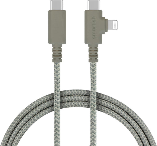 Smartish 2 in 1 USB C to USB C/Lightning Cable - Crown Joule - 6 Ft Fabric Wrapped Fast Charging Cord - for iPhone, Galaxy, Pixel - 100W Dual Fast Charger for Phones/Laptops - Lightly Toasted Beige