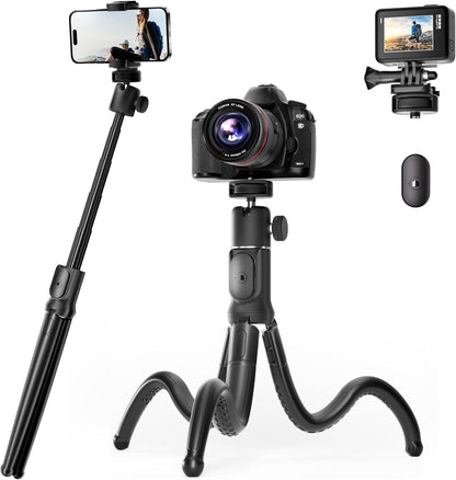 UBeesize Extendable Phone Tripod, Flexible Tripods with Remote, 3 in 1 Selfie Stick with Gopro Mount, iPhone Stand for Recording, Volgging, Live Streaming Fit for Cell Phones, Canon Sony Cameras