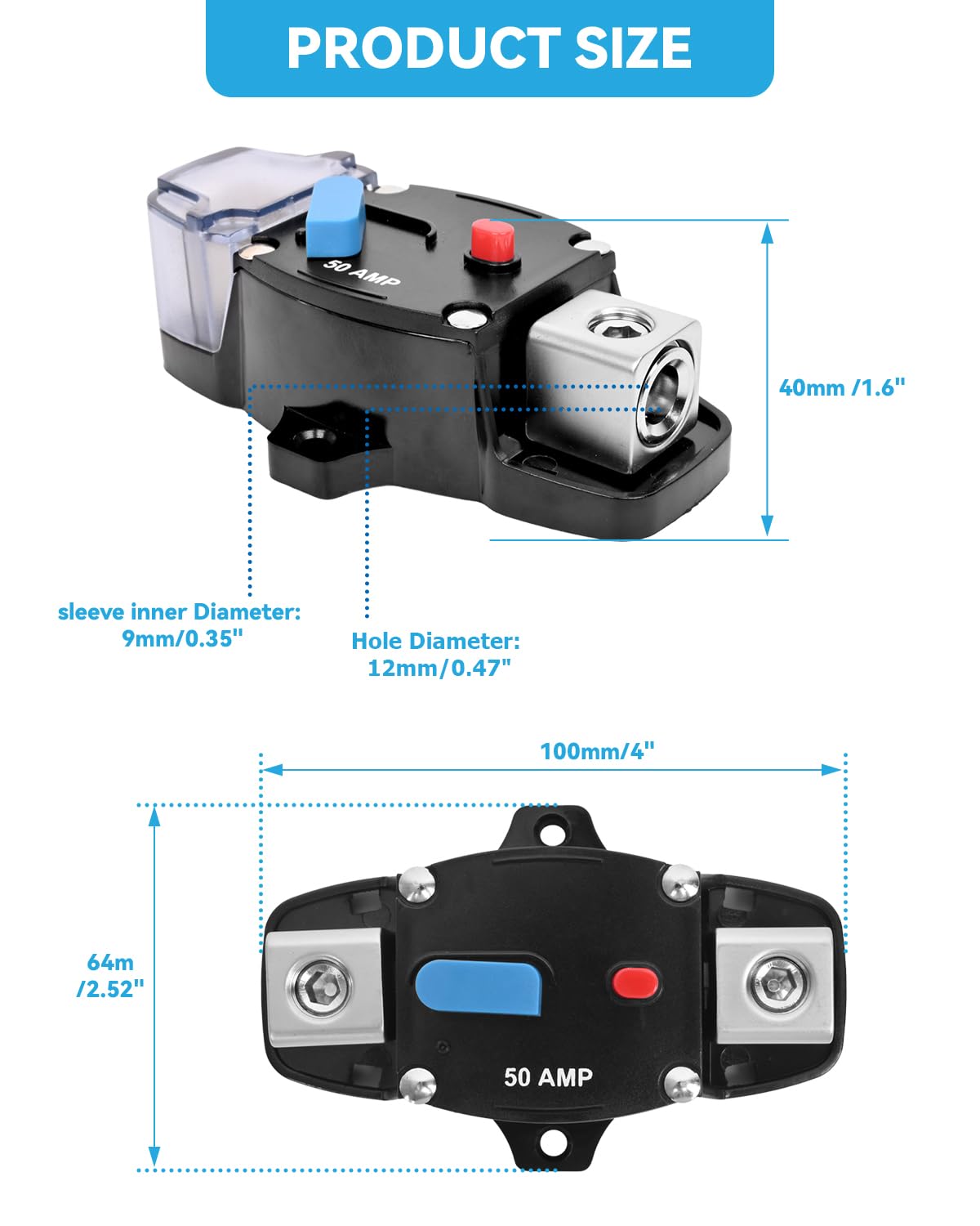 100 Amp Circuit Breaker 12-48 Volt DC 100A Self Recovery Resettable High Amp Circuit Breaker with Manual Reset Button for Automotive RV Marine Boat Car Audio and Amps Protection