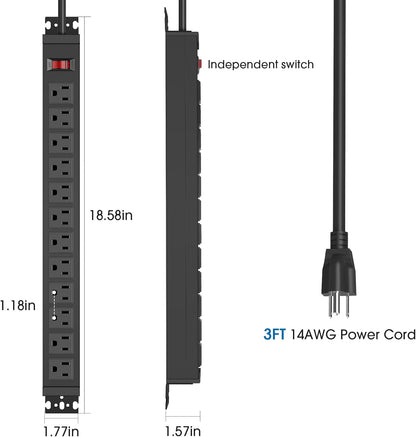 HHSOET Rotating Mountable Power Strip, 12 Outlet Wall Mount Surge Protector, Metal Heavy Duty and Versatile Outlet Strip, Stylish Appearance, Sturdy and Durable, 3ft Power Cord.(Black)