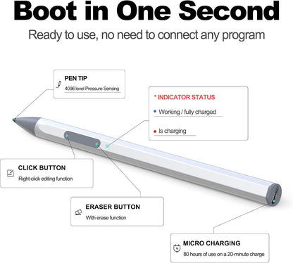 ASUS Stylus Pen for Transformer/Vivobook Flip/Notebook Touchscreen Laptop/Tablet - Rechargeable, 4096 Pressure Sensitivity, MPP 2.0 Tilt Pencil, Silver