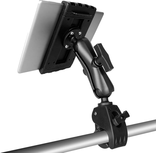 Aluminum iPad Tablet Mount Holder, Kitchen Tablet Holder for UTV/Desk/Chair/Fitness Bike/Mic Stand/Fitness Bike/Road Mountain Bicycle, 360° Adjustable Clamp Compatible with 7.5''-13'' iPad