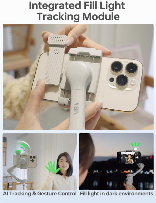 FeiyuTech VB 4SE Kit-Phone Gimbal Stabilizer with Bag,Lighting Enabled Tracking Module, Phone Gimbal for Video Recording,Gesture Control, Fit iPhone&Android,Vertical Shot for YouTube,TikTok,Max 0.69lb