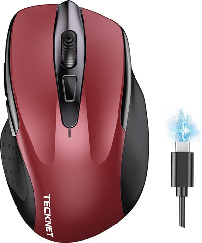 TECKNET Wireless Mouse (BT5.0/3.0 & 2.4G) Rechargeable 4800 DPI Silent USB A & Bluetooth Mouse 6 Buttons, Wide Compatibility - Red