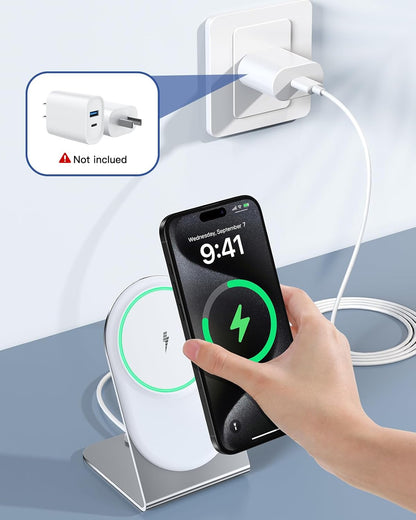 Magnetic Wireless Charger Stand Certified 15W Fast Mag-Safe Charger with Sleep-Friendly Indicator Light for iPhone 16/15/14/13/12 Series Convertible Magnet Wireless Charging Station/Pad for AirPods