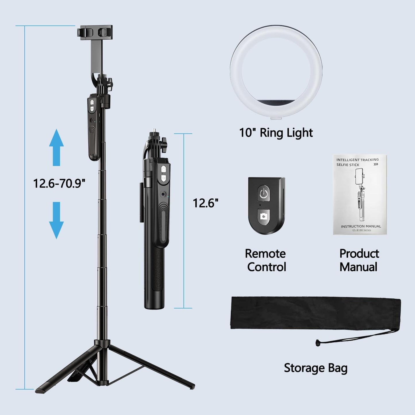 70.9" Auto Face Tracking Tripod 360° Rotation with 10" Ring Light, Phone Tripod & Selfie Stick with Remote for Cell Phone 4"-7", Motion Sensor Phone Tripod for Tiktok Live Stream Vlog Video Recording