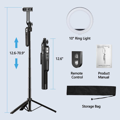 70.9" Auto Face Tracking Tripod 360° Rotation with 10" Ring Light, Phone Tripod & Selfie Stick with Remote for Cell Phone 4"-7", Motion Sensor Phone Tripod for Tiktok Live Stream Vlog Video Recording