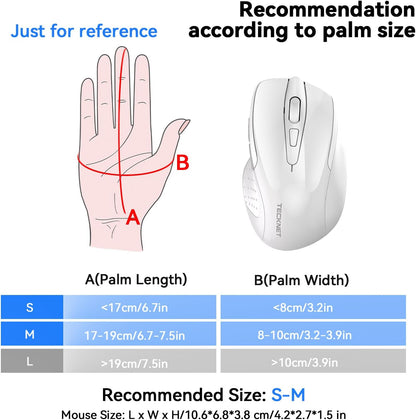 TECKNET Rechargeable Jiggler Wireless Mouse (BT5.0/3.0 & 2.4G) 4800 DPI Silent USB A & Bluetooth Mouse 6 Buttons, Wide Compatibility - White