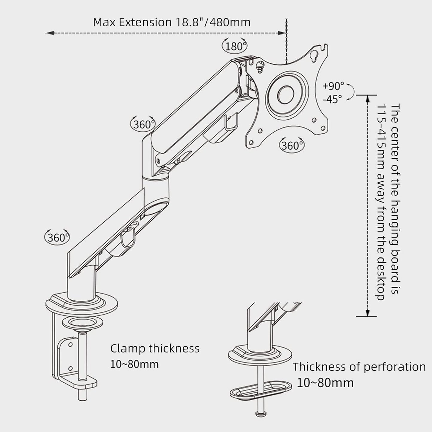 Monitor Arm Desk Mount Single 17-34 inch Portable Adjustable Vesa Stand Gas Spring Desktop Bracket 4.4 to 19.8 lbs with Clamp and Grommet Screen Up to 34 inch Computer pc M5-B