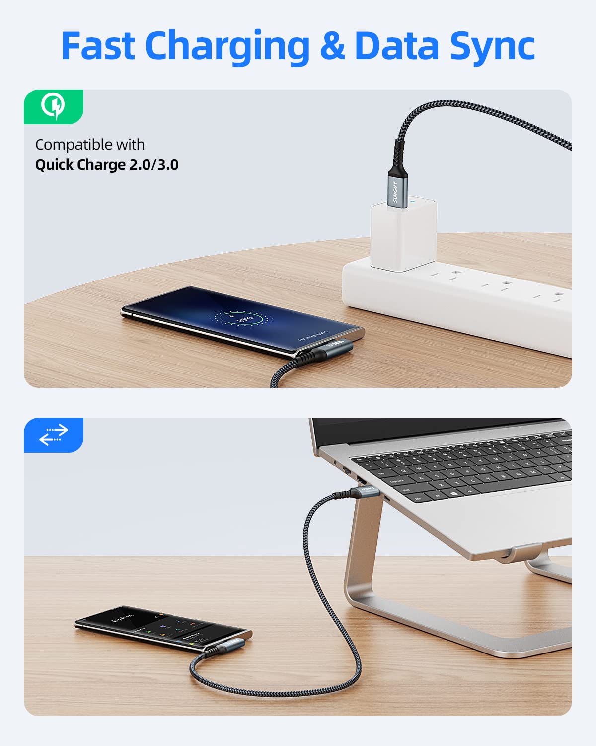 SUNGUY USB C Cable Right Angle 4FT, 10Gbps USB 3.1 Gen 2 to USB C Data Cable Compatible with iPhone 16/15 Series, Android Auto, Samsung Galaxy S24/S23, SSD, Huawei P30/P20, i-Pad Pro-Grey