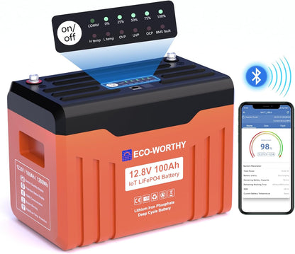 ECO-WORTHY 12V 100AH LiFePO4 Lithium Battery with SOC Display, Upgrade 2.0 with built-in Bluetooth, 100A BMS with Low-Temp Protection, Suitable for RV, Camping, Solar Off-Grid trolling motor