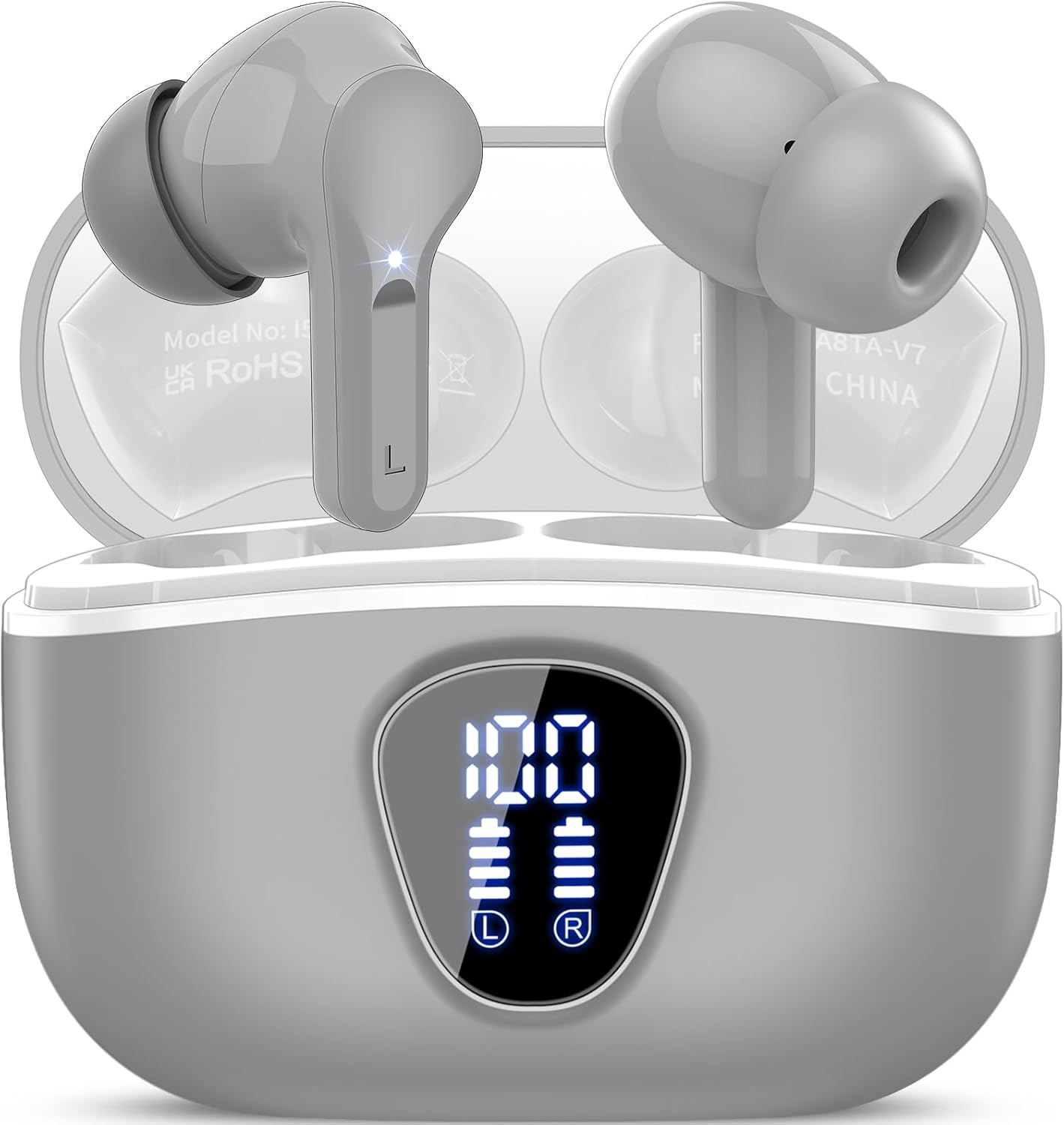 Wireless Earbuds, Bluetooth 5.4 Headphones HiFi Stereo, Bluetooth Earbuds with ENC Noise Cancelling Mic, IP7 Waterproof in Ear Earphones, 48H, LED Display Ear buds for Pad Workout Sports, Grey