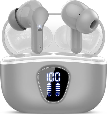 Wireless Earbuds, Bluetooth 5.4 Headphones HiFi Stereo, Bluetooth Earbuds with ENC Noise Cancelling Mic, IP7 Waterproof in Ear Earphones, 48H, LED Display Ear buds for Pad Workout Sports, Grey
