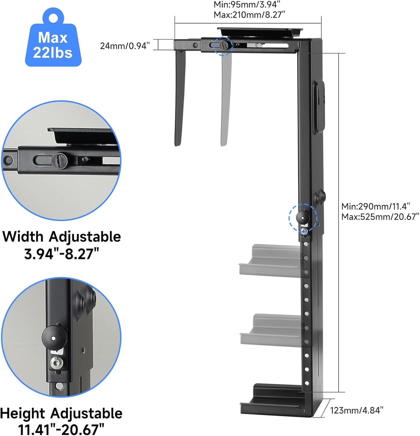 Suptek Adjustable Under Desk and Wall PC Mount,3.74 to 8.26 inch Wide Computer Case CPU Hanger Holder 360 Degree Rotatable Under-Desk PC Hanging Stand Holder Mount (ZJJ001)