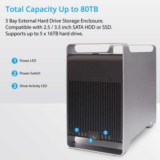 Syba 5 Bay 2.5" and 3.5" SATA HDD External USB 3.0 / eSATA RAID Hard Drive Enclosure Support 120TB & RAID 0/1/5/10/JBOD Mode SY-ENC50122