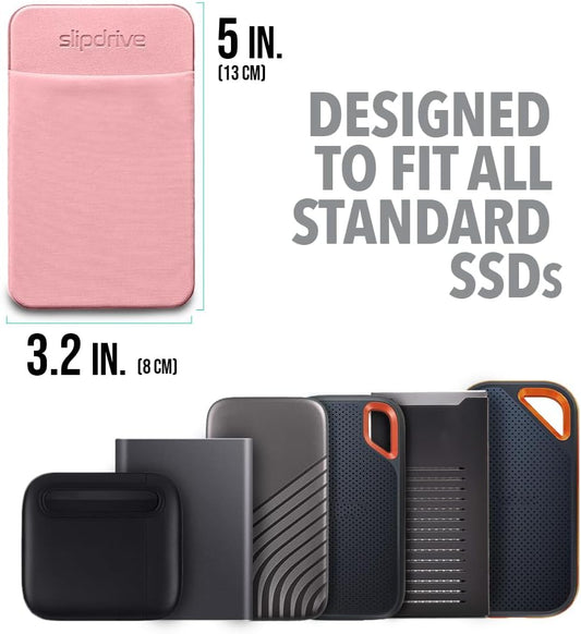 Slipdrive - Portable Hard Drive Sleeve for Laptop - SSD Solid State Drive - Reusable Adhesive - 5” x 3.2” Stick on External Hard Drive Carrying Case - Travel Pocket Pouch (Small, Pink)