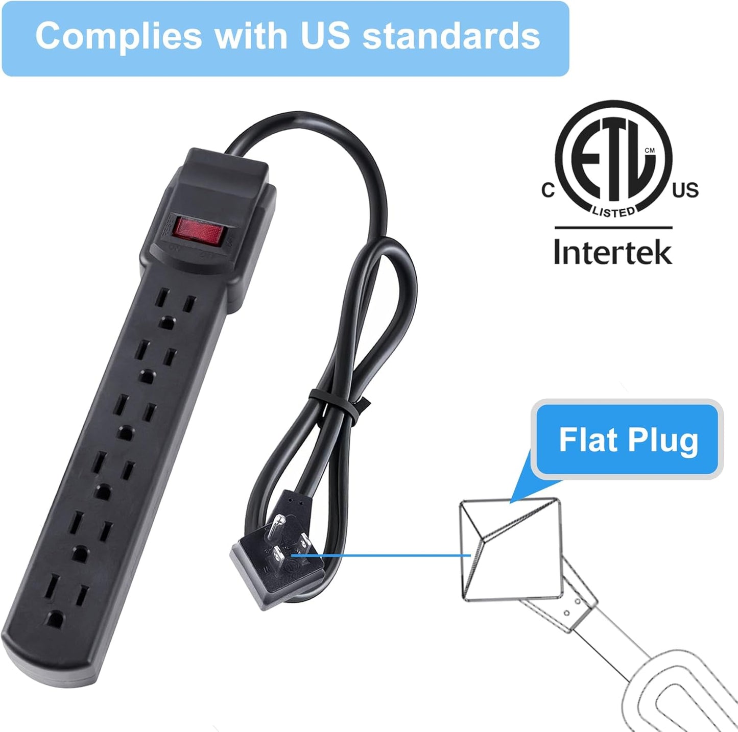 6-Outlet Surge Protector – 250 Joules, 6ft Cord, 15A/125V, 1875W Max – Right Angle Plug, Black – Home, Office, & Electronics Protection