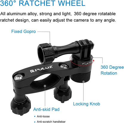 PULUZ Bike Motorcycle Handlebar Mount, 360 Degree Rotation Aluminum Bicycle Moto Camera Mount for GoPro Hero 12 11 10 9 8 7 6 & DJI Osmo Action