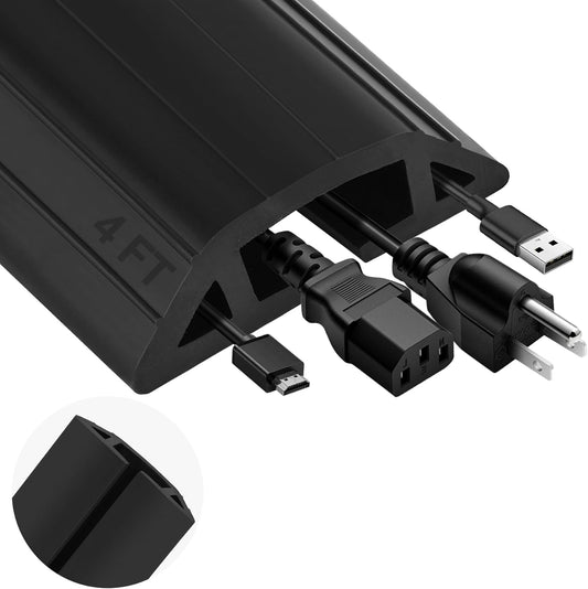 MYFAMIREA 4FT Floor Cord Cover Heavy Duty Cable Cover Protector with 3 Channels Extension PVC Floor Wire Cover Outdoor Cord Hider Management Cord Cover for Wire on Floor for Home Office Outdoor, Black