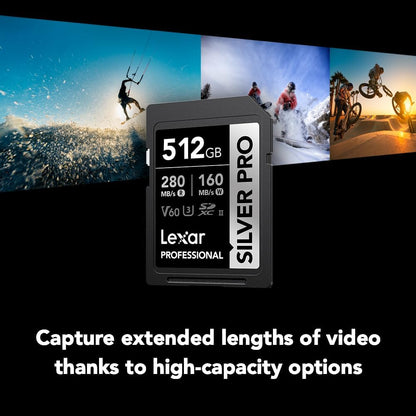 Lexar 512GB Professional SILVER PRO SD Card, UHS-II, C10, U3, V60, Full HD, 4K, Up To 280MB/s Read SDXC Memory Card, for Professional Photographer, Videographer, Enthusiast (LSDSIPR512G-BNNNU)