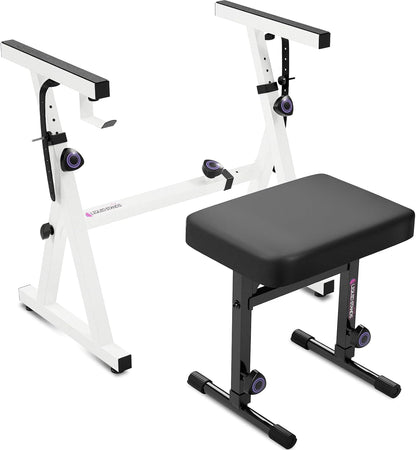 Liquid Stands Portable Heavy Duty Digital Piano Stand & Bench Set - Adjustable Keyboard Music Stand & Seat for 54-88 Key Electric Pianos (White)