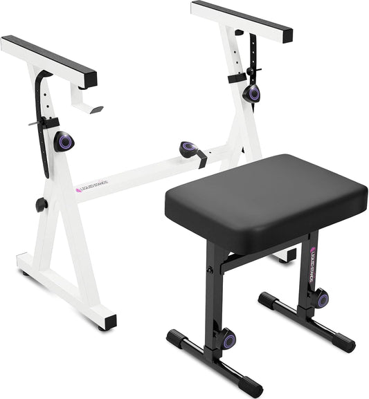 Liquid Stands Portable Heavy Duty Digital Piano Stand & Bench Set - Adjustable Keyboard Music Stand & Seat for 54-88 Key Electric Pianos (White)