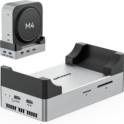ANYOYO Mac mini M4 Dock and Stand, 10-in-1 Aluminum USB-C Hub with M.2 NVMe SSD Enclosure, 4K 60Hz Dual HDMI, 10 Gbps USB-C/A, 30W PD-in, Smart Fan Cooling, Wi-Fi Signal Friendly Design, Silver