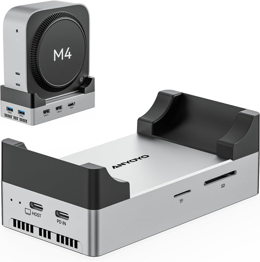 ANYOYO Mac mini M4 Dock and Stand, 10-in-1 Aluminum USB-C Hub with M.2 NVMe SSD Enclosure, 4K 60Hz Dual HDMI, 10 Gbps USB-C/A, 30W PD-in, Smart Fan Cooling, Wi-Fi Signal Friendly Design, Silver