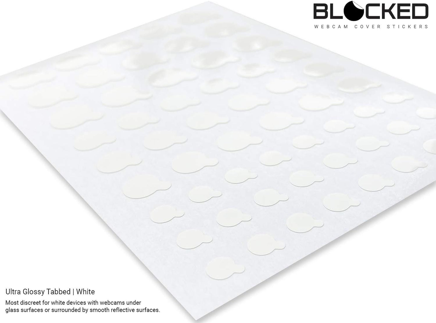 BLOCKED Stackable Webcam/Camera Vinyl Covers | 57 TabbedLow-Tack Restickable Webcam Sticker | Multiple Sizes | White 57-Pack Tabbed (Ultra Glossy)