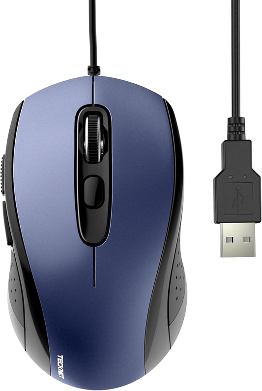 TECKNET USB Wired Mouse, 3600DPI Corded Computer Mouse with 4 Adjustable Levels, 6-Button 5FT Cord Ergonomic Mice, Home and Office Mouse for Laptop PC Desktop Notebook - Blue