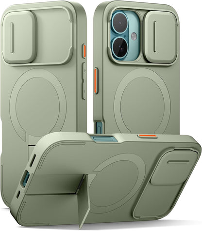 SURITCH for iPhone 16 Case with Magnetic Camera Slide Cover and Adjustable Kickstand, Compatible with MagSafe, Shockproof Bumper Case Slim Protective Cover 6.1 Inch, Green