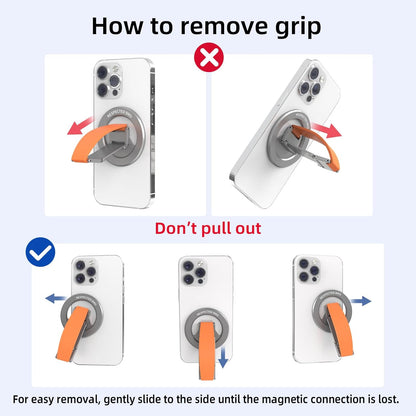 Magnetic-Phone-Grip-Stand, Magnetic Phone Ring Holder Kickstand with Silicone Finger Strap, Compatibility for iPhones, Androids, and More (Orange)