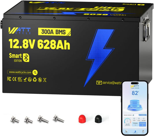 12V 628Ah LiFePO4 Lithium Battery 300A BMS, Built-in Bluetooth 5.0, Full Metal Case 8038Wh Energy, 15000+ Deep Cycles Batterys, Perfect for Home Energy, RV, Marine, Solar, Trolling Motor