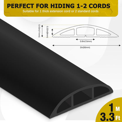 Floor Cord Cover 3.3FT Cord Covers for Wires on Floor Protect Wires & Prevent Trip Hazards, Easy to Cut for Home, Office, School, Concerts, Cavity W0.6in x H0.32in
