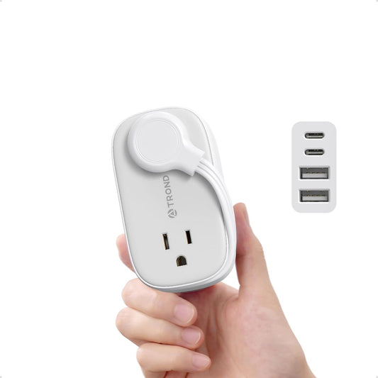 TROND Flat Plug Power Strip: 3.3ft Wrapped Short Extension Cord with 4 Outlets, 4 USB Ports, Small Charging Station, Travel Home Office Cruise Ship Dorm Room Essentials, Gray
