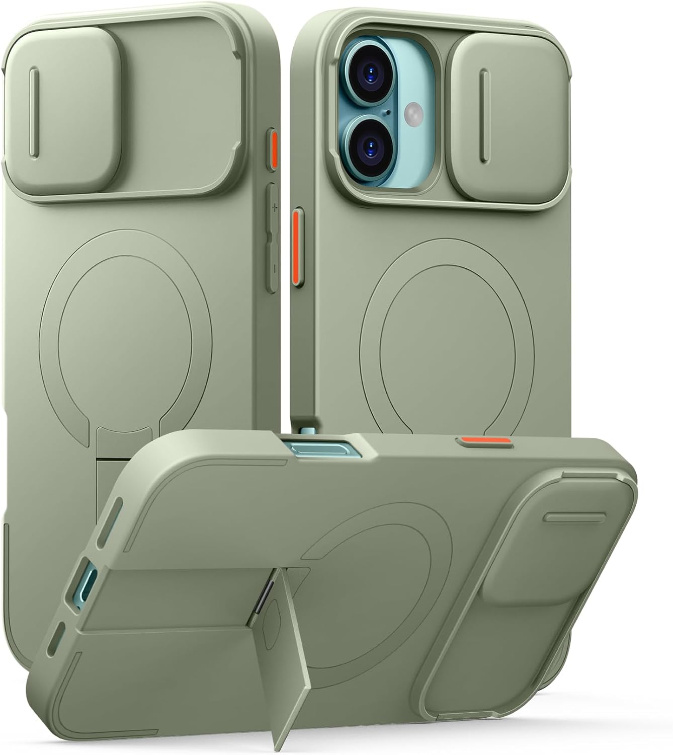 SURITCH for iPhone 16 Plus Case with Magnetic Camera Slide Cover and Adjustable Kickstand, Compatible with MagSafe, Shockproof Bumper Case Slim Protective Cover for iPhone 16 Plus 6.7 Inch, Green