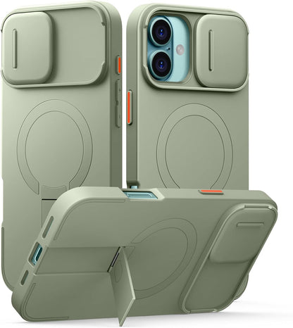 SURITCH for iPhone 16 Plus Case with Magnetic Camera Slide Cover and Adjustable Kickstand, Compatible with MagSafe, Shockproof Bumper Case Slim Protective Cover for iPhone 16 Plus 6.7 Inch, Green