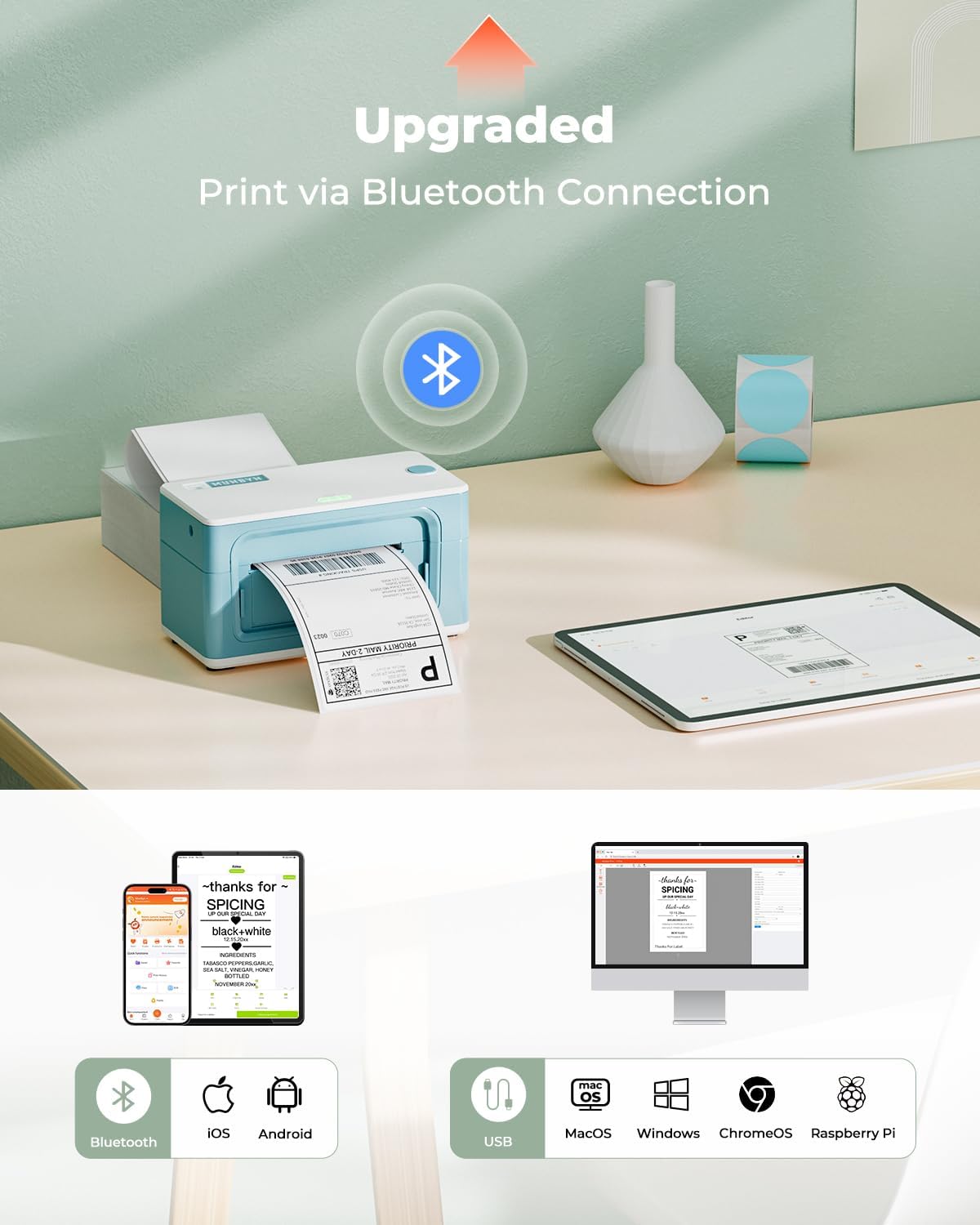 MUNBYN Bluetooth Thermal Label Printer 941B, Wireless 300DPI 4x6 Shipping Label Printer for Small Business, Compatible with Windows, Mac, iPhone, Android, PC, Ebay, Amazon, Shopify, Etsy, USPS (Green)