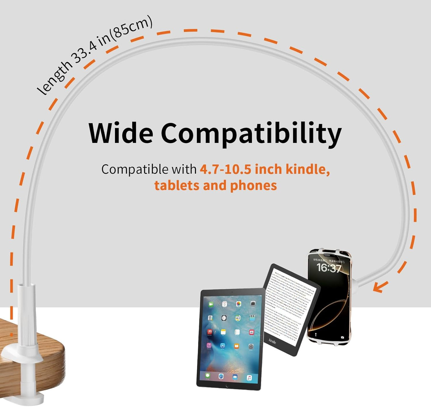 Gooseneck Kindle Holder for Reading in Bed - [Anti-Slip] Phone Holder for Bed, Kindle Stand Accessories, for iPad mini Stand for Desk, for Paperwhite Oasis Tablets 4-10.5 inches